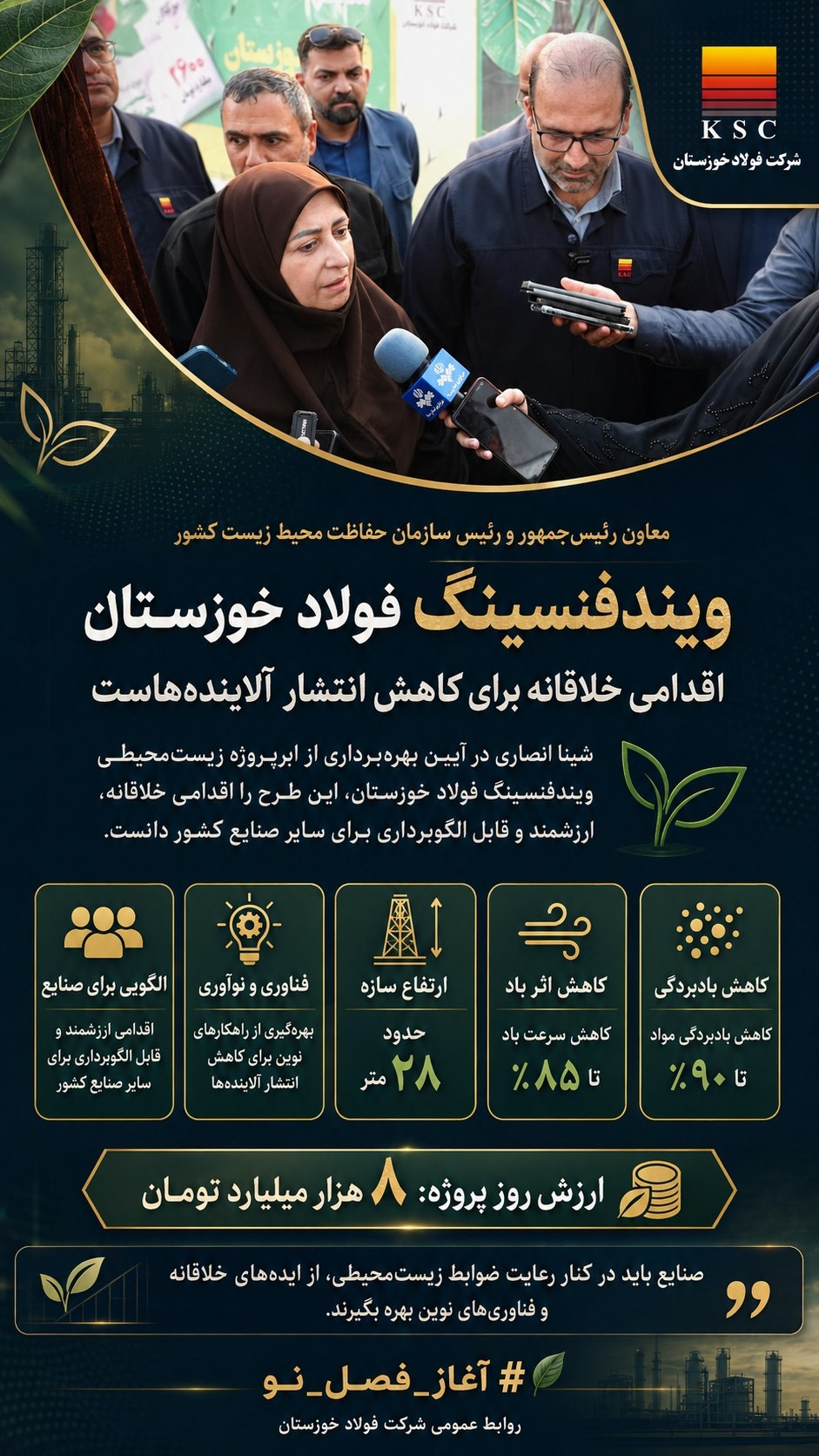 معاون رئیس‌جمهور و رئیس سازمان حفاظت محیط زیست کشور:ویندفنسینگ فولاد خوزستان اقدامی خلاقانه برای کاهش انتشار آلاینده‌هاست